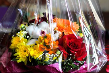 Özel buket çeşitli renk arasından. Şeffaf bir teflon Paketli. Bir hediye ile bir tasarım.