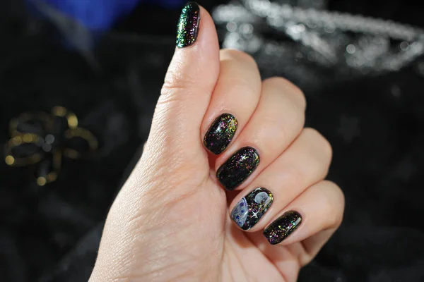 Black Manicure Flames Form Space Thumb Drawing Planet Stars Very — Stock Photo, Image