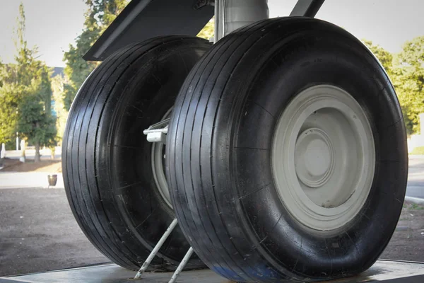 The aircraft landing gear close up. The chassis is fixed on the ground with iron structures.