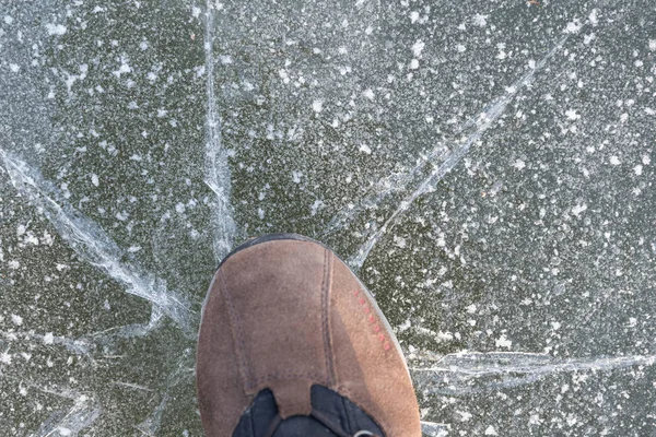 Person Thin Ice Sheet Breaks Close — Stock Photo, Image