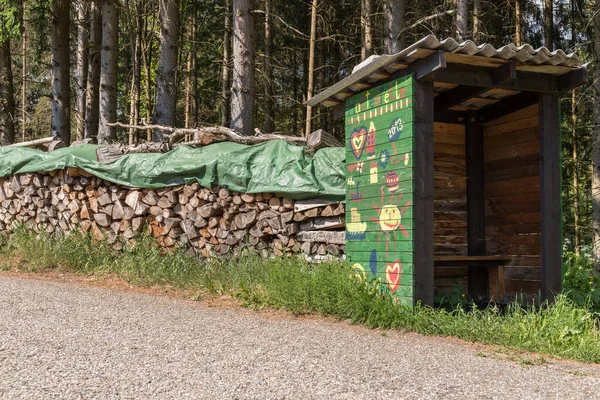 Arrêt Bus Peint Par Des Enfants Lisière Forêt Abri Bus — Photo