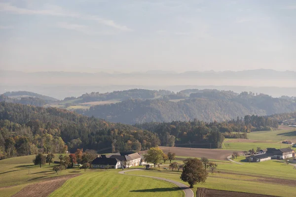 Daleki Widok Dolinie Górnego Dunaju Gospodarstw Rolnych Pagórkowaty Krajobraz Austria — Zdjęcie stockowe