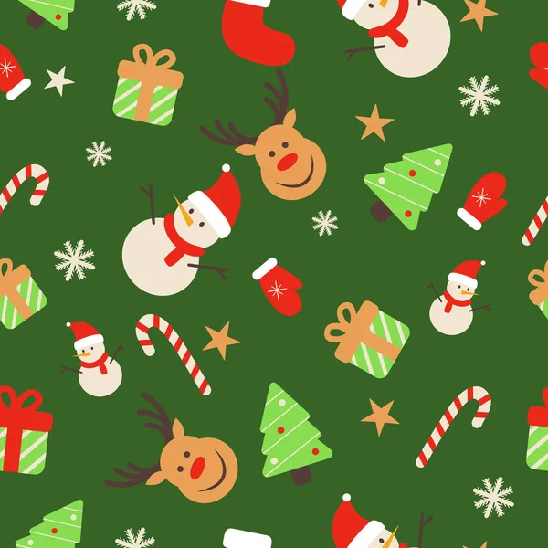 Christmas seamless flat pattern with icons tree, snowman and deer