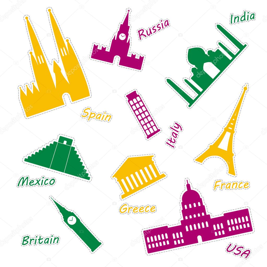 Icons of most popular world monuments. Colored set of world sights stickers