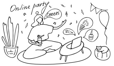 Kız online partide şarap içer. Şebeke kutlaması, arkadaşlar sanal toplantı, video konferans. Uzak Ağ İletişimi. Vektör karalama çizimi