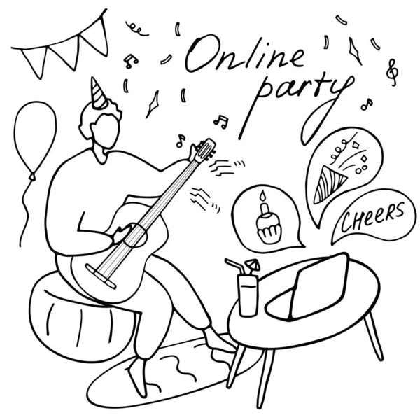 Online Party Geburtstag Virtuelles Treffen Mit Freunden Mann Sitzt Vor — Stockvektor
