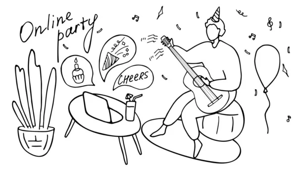 Mannen spelar gitarr under en online-fest. Virtuell födelsedagsfest, videosamtal. Modern livsstil, online-liv. Linjär doodle vektor illustration — Stock vektor