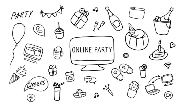 Online party icoon set. Doodle viering tekens. Handgetekende vectorillustratie — Stockvector