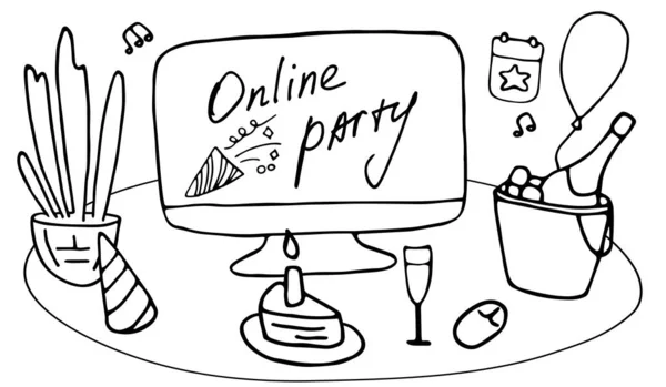 Festa a casa. Celebrazione davanti a un computer. Compleanno con gli amici online. Grafico doodle vettoriale — Vettoriale Stock
