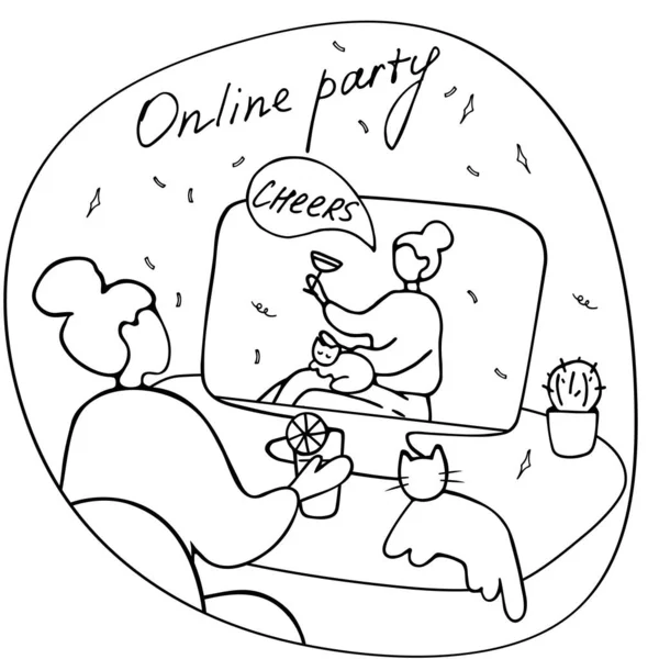 Des amis de différents pays boivent des cocktails et parlent en ligne. Soirée virtuelle, appel vidéo. Style de vie moderne, vie en ligne. Illustration vectorielle de doodle linéaire — Image vectorielle