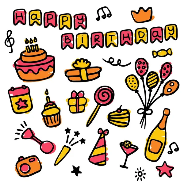 Doodle Birthday Set Icons Hand Drawn Set Holiday Signs Vector — Stock Vector