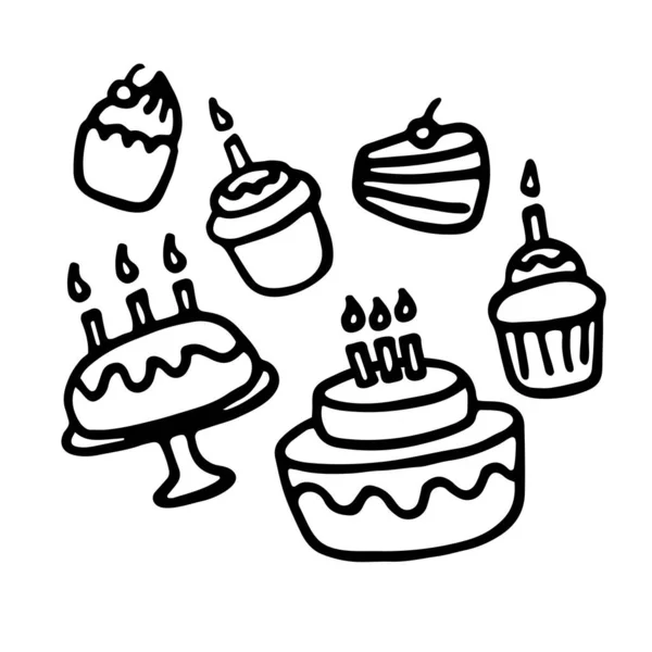 Ícones Desenhados Mão Doces Torta Bolo Cupcake Gráficos Vetoriais — Vetor de Stock