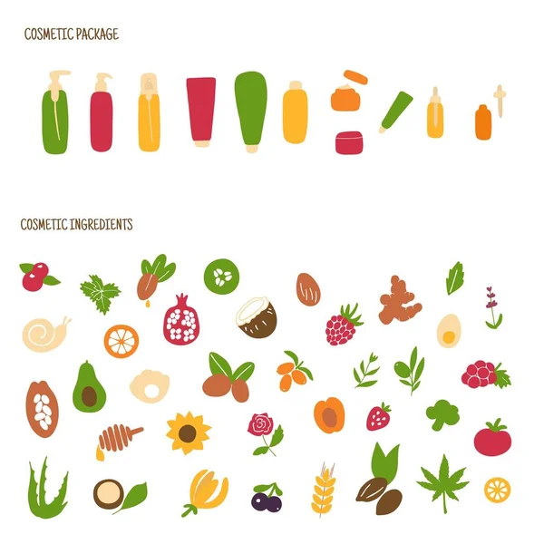 Organic Cosmetics Ingredients Set Product Packaging Hand Drawn Packaging Icons — Stock Vector