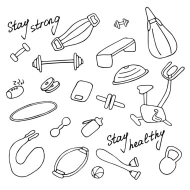 Spor eşyaları ve aksesuarların simgeleri. Evde spor, evde spor. El çizimi vektör illüstrasyonu.
