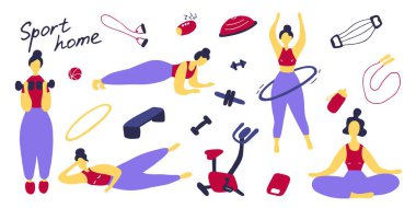 Spor takımı. Spor aletleri ve insanları eğitmenin simgeleri. Evde antrenman, evde spor egzersizleri. Düz vektör grafiği.