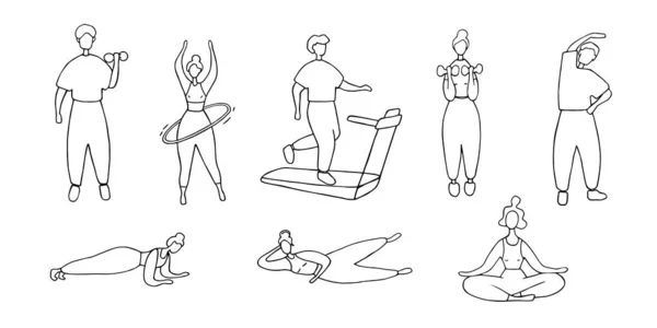 男性和女性的训练 锻炼的概念 男人做不同的运动 女人和普拉提订婚了Doodle矢量说明 — 图库矢量图片