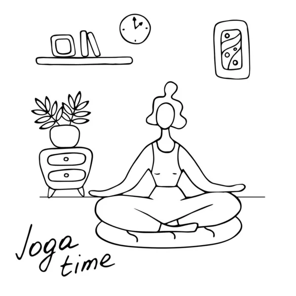 Woman Meditating Home Woman Yoga Pose Lotus Position Fitness Home — Stock Vector