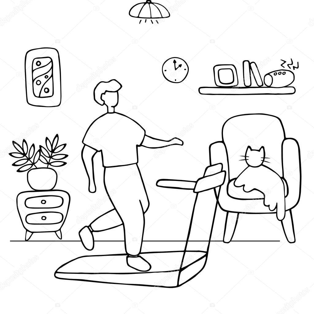 Young man running on treadmill. Sport training at home. Doodle vector graphic.