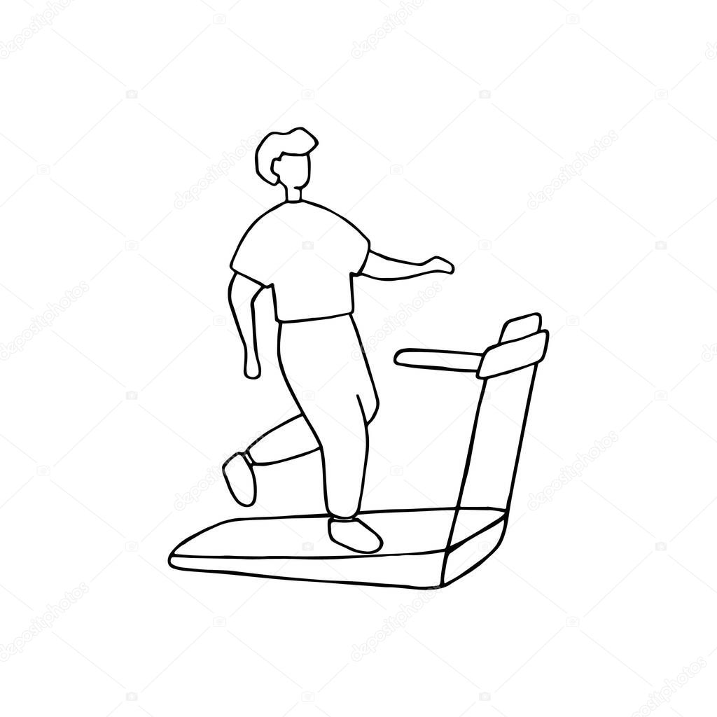 Boy running on treadmill. Sport training, workout concept. Doodle hand drawn vector graphic.