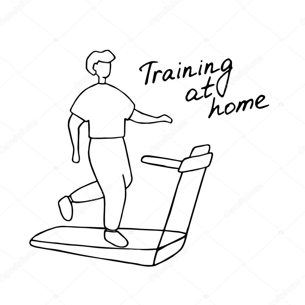 Young man running on treadmill. Sport training at home. Doodle vector graphic.