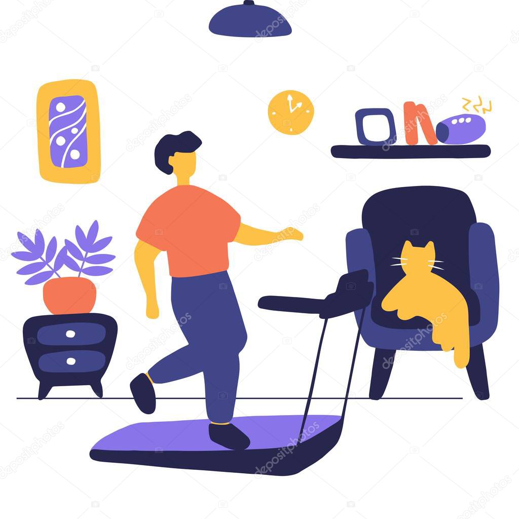 Young man running on treadmill. Sport training at home. Flat vector graphic.