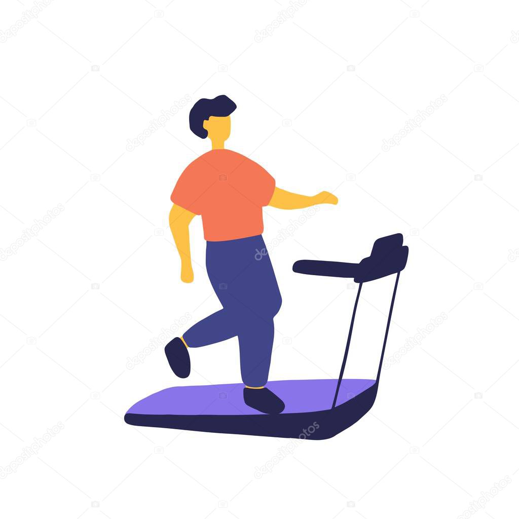 Young man running on treadmill. Sport training, exercise, workout concept. Flat vector graphic.