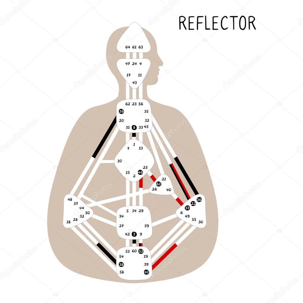 Reflector. Human Design BodyGraph. Nine colored energy centers. Hand drawn graphic