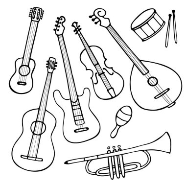 El yapımı müzik aletleri seti. Gitar, elektro gitar, ukulele, trompet, marakas, domra, keman. Vektör illüstrasyonu