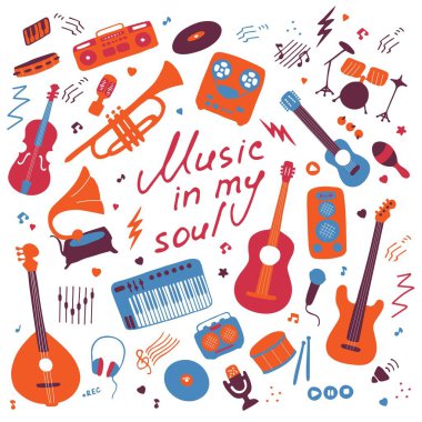 Music. Big set of icons for print and digital. Doodle elements of musical instruments. Hand written inscription Music in my soul. Vector graphics clipart