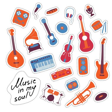 Music stickers. Hand drawn signs. Orchectra symbols. Vector illustration clipart