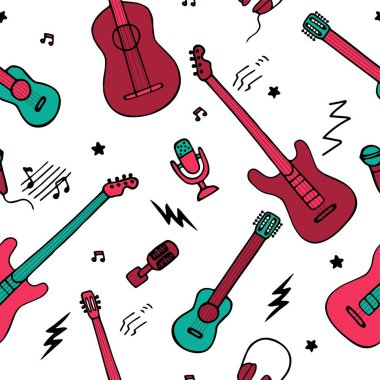 Müzik düzeni. El yapımı müzik aletleri simgeleri. Duvar kağıdı ya da kumaş için kusursuz doku. Vektör illüstrasyonu