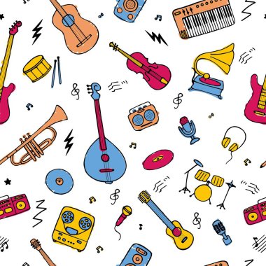 Duvar kağıdı ve kumaş için kusursuz bir arka plan. Müzik aletleri simgeleri. El çizimi vektör illüstrasyonu