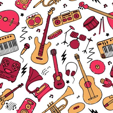 El çizimi müzik ikonu seti. Kumaş ve duvar kağıtları için kusursuz desen. Vektör grafiği