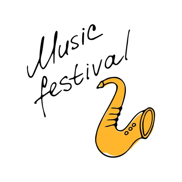 Inscripciones Manuscritas Festival Música Icono Saxofón Dibujado Mano Ilustración Vectorial — Vector de stock