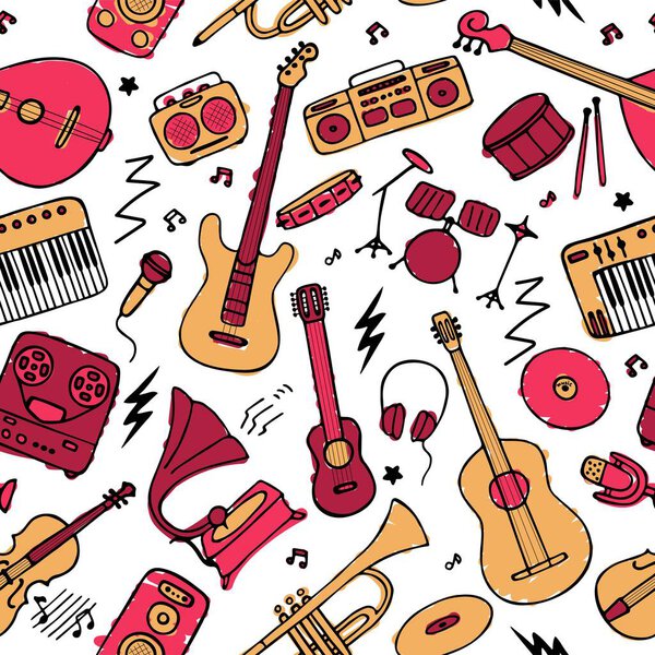 Hand drawn musical icon set. Seamless pattern for fabric and wallpaper. Vector graphic