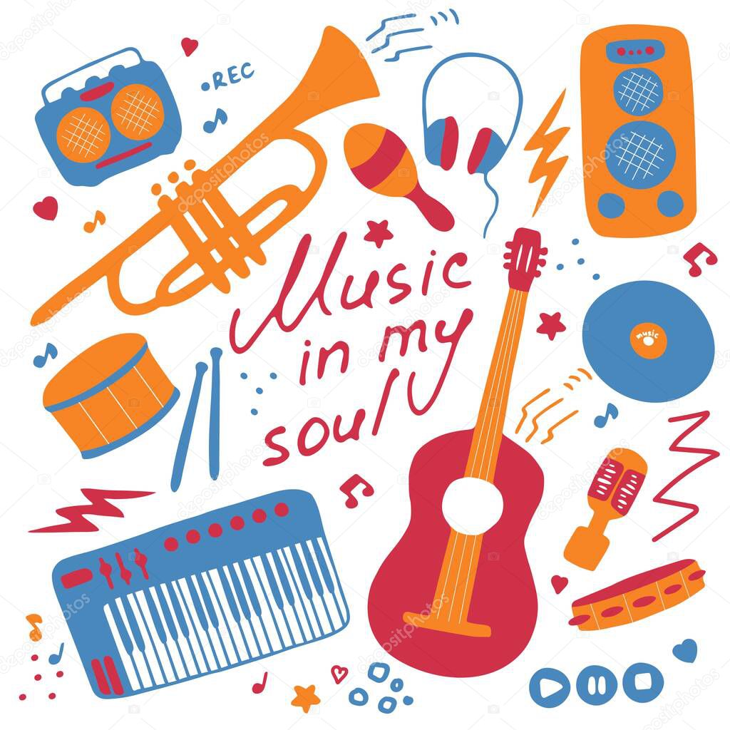 Set of musical emblem. Flat illustrations for digital and print. Musical icons set. Hand-written inscription Music in my soul. Vector graphics