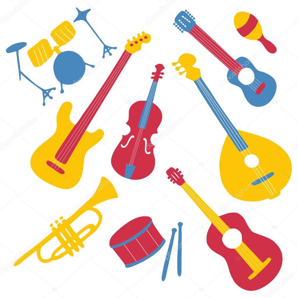 Hand-drawn musical instruments set. Doodle elements guitar, electric guitar, ukulele, trumpet, maracas, domra, violin Vector illustration