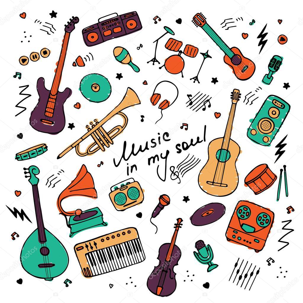 Music. Big set of icons for print and digital. Doodle elements of musical instruments. Hand written inscription Music in my soul. Vector graphics