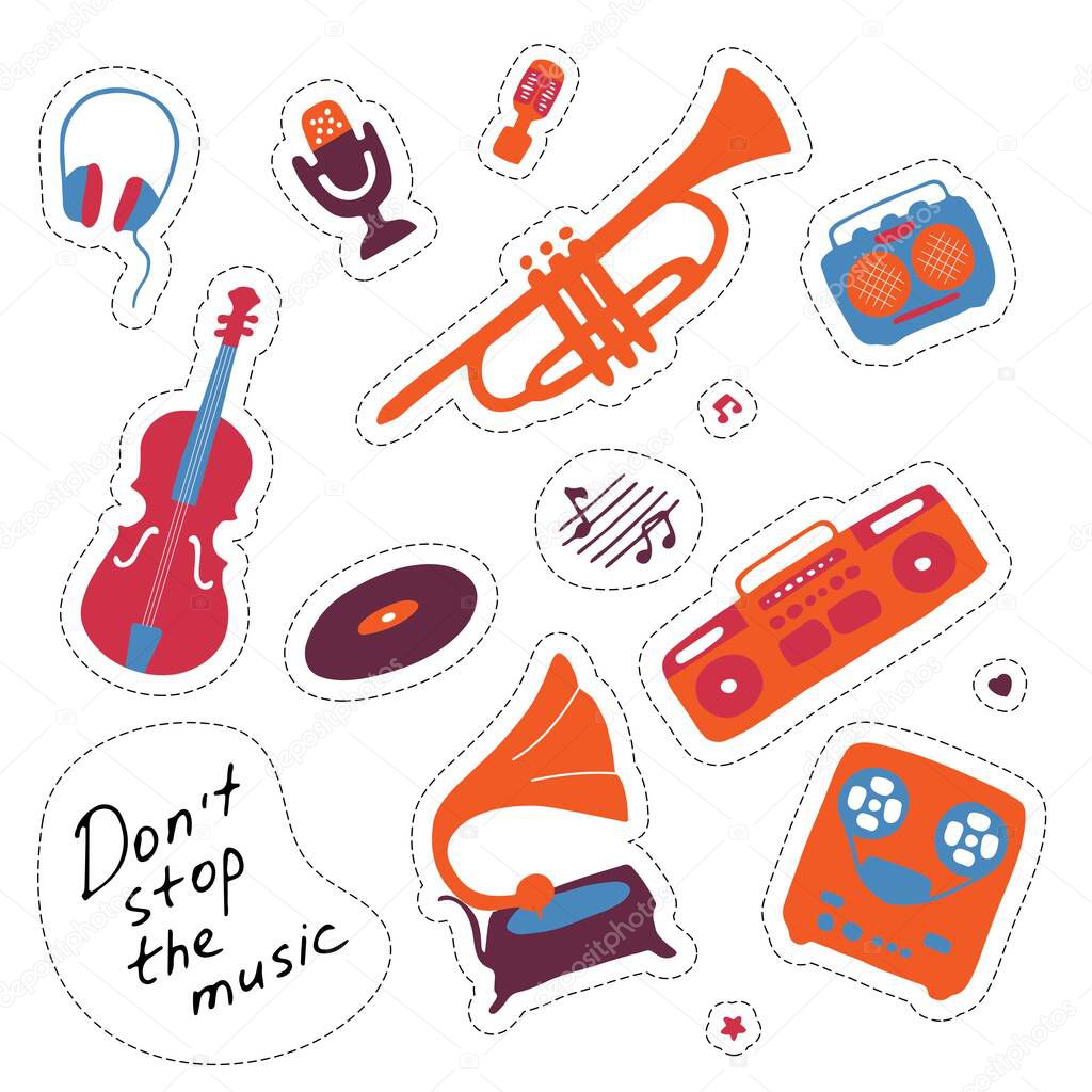 Music stickers. Hand drawn signs. Orchectra symbols. Vector illustration