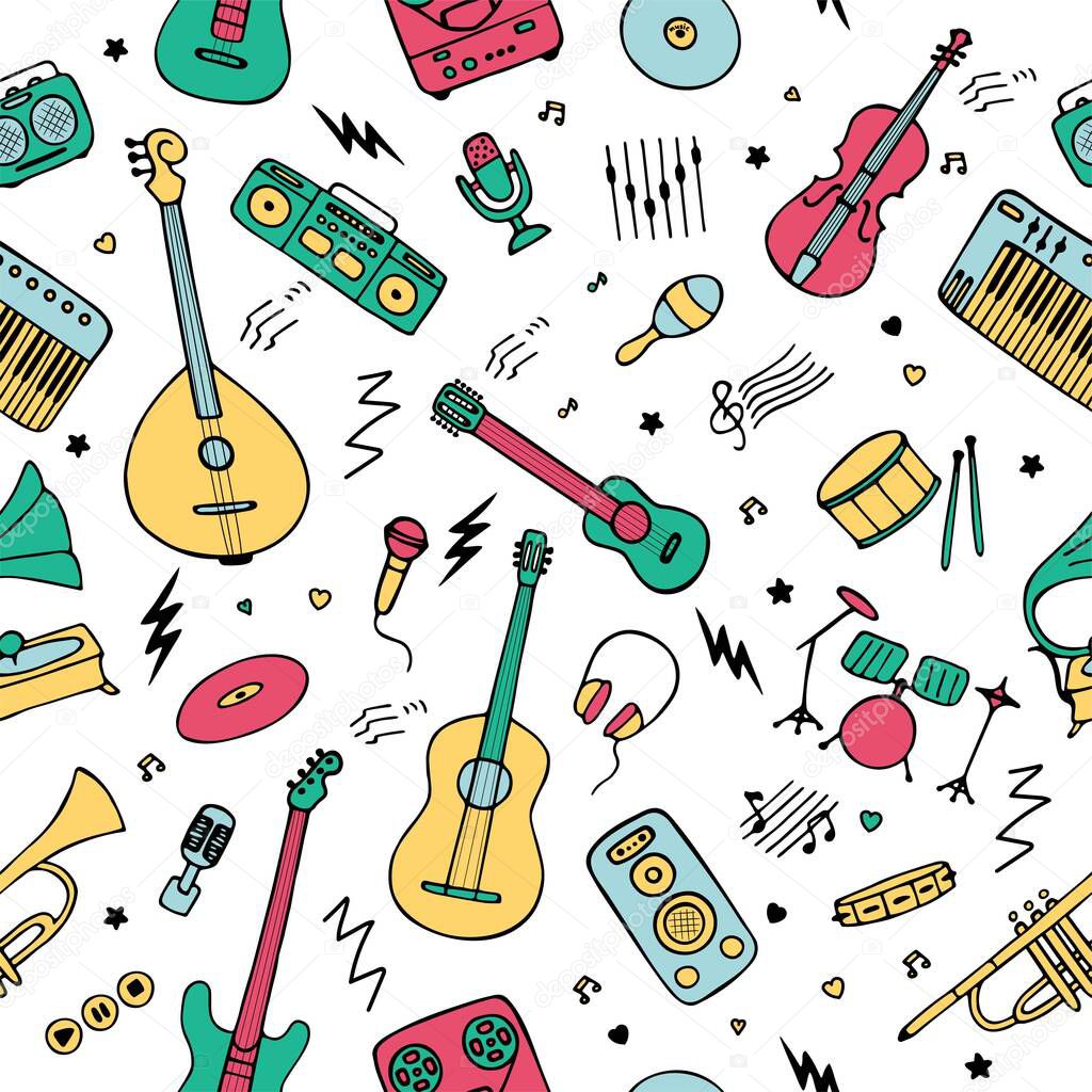 Seamless background for wallpaper and fabric. Music instruments icons. Hand drawn vector illustration