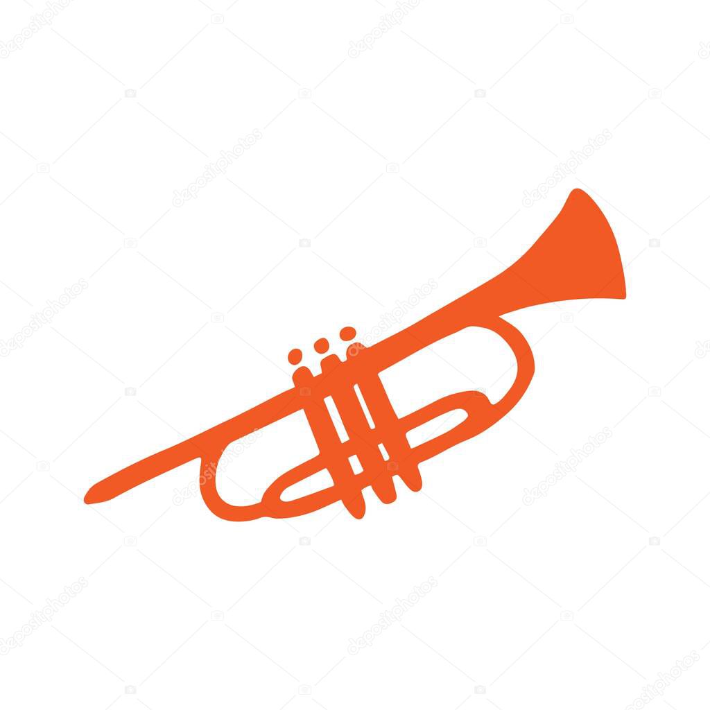 Single trumpet icon. A wind instrument. Icon for print and digital. A hand-drawn symbol of the trumpet. Vector graphics