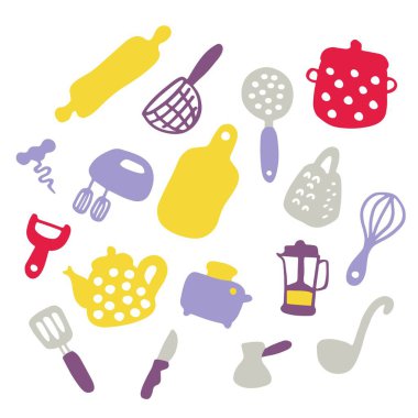 Doodle icons set of kitchen appliances and objects. Hand-drawn cooking items. Household appliances and housewares. Vector illustration clipart