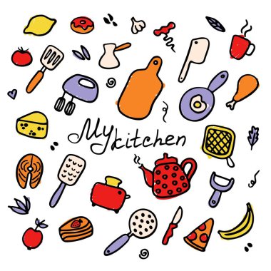 Elle çizilmiş mutfak eşyaları. Mutfak aletlerinin karalama ikonları, yemek pişirme aletleri, ürünler ve yemekler. Yazı. Mutfağım. Vektör illüstrasyonu