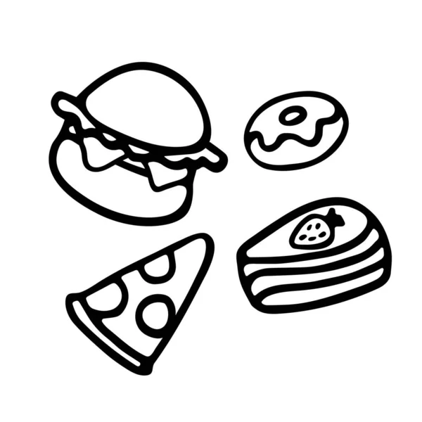 Σκέτο Φαγητό Χειροποίητα Εικονίδια Πίτσα Burger Κέικ Και Ντόνατ Στοιχεία — Διανυσματικό Αρχείο