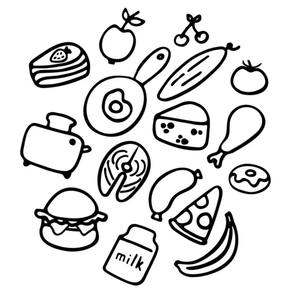 Een Met Hand Getekende Set Van Voedsel Gerechten Doodle Collectie — Stockvector