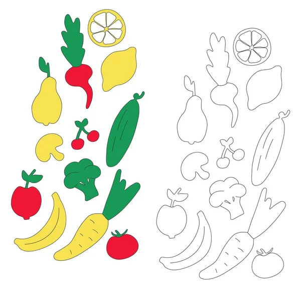 Légumes Fruits Pour Enfants Icônes Dessinées Main Livre Colorier Pour — Image vectorielle