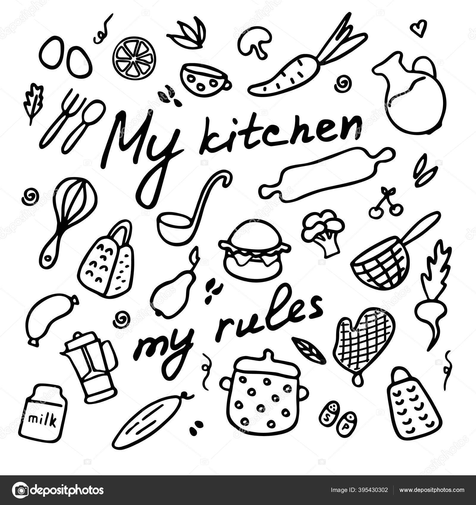 キッチン用品の大きなセット 台所用品 製品や料理のためのデバイスの落書きアイコン 手描きグラフィック 碑文私のキッチン 私のルール ベクターイラスト ストックベクター C Lidia Sv