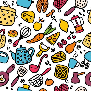 Büyük mutfak eşyaları seti. Mutfak aletlerinin karalama ikonları, yemek pişirme aletleri, ürünler ve yemekler. El çizimi pürüzsüz desen. Vektör illüstrasyonu