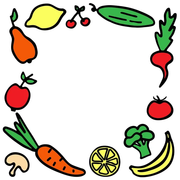 Cadre Fruits Dessiné Main Ensemble Icônes Légumes Graphique Vectoriel — Image vectorielle