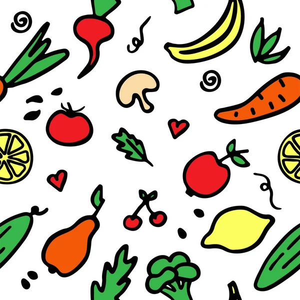 一套手绘的水果和蔬菜 收集零碎的食物 无缝图案 矢量图形 — 图库矢量图片